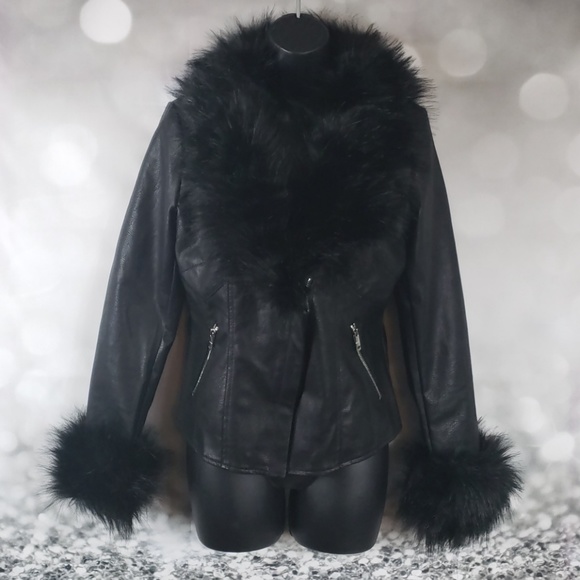 Black Faux Fur Faux Leather Jacket - Picture 3 of 6